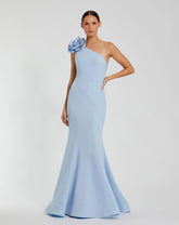 Blue Crepe One Shoulder Mermaid Gown With 3D Flower